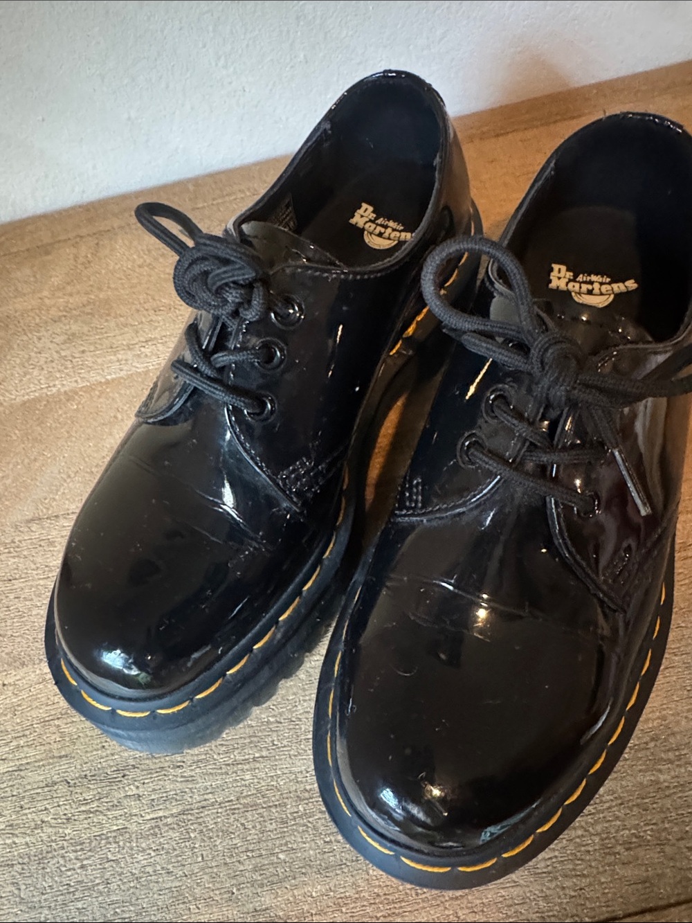 Dr. Martens Black Patent Platform Lace-Up Shoes with Yellow Stitching - Picture 4 of 5